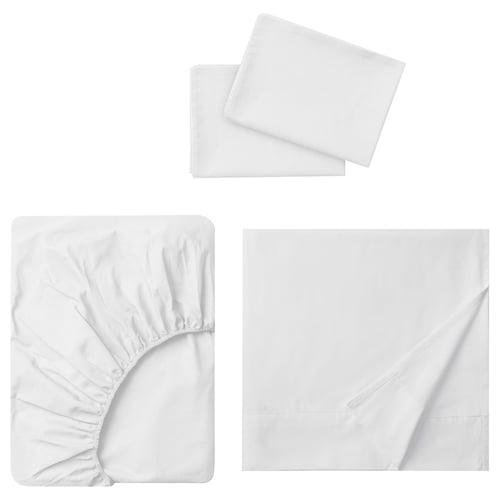 White DVALA cotton bed sheet set: flat, fitted sheets, pillowcases - soft, breathable.