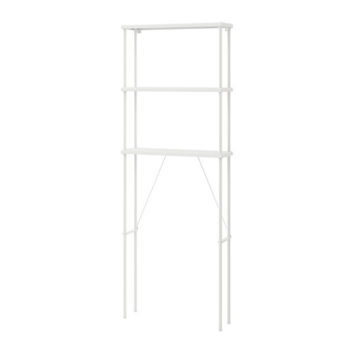 A white DYNAN 3-tier storage unit, perfect for small spaces. Its slim design and open shelves make it easy to reach and see items.