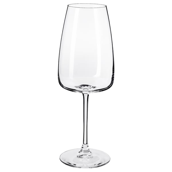 Clear crystalline wine glass with long stem and wide bowl, designed for enhanced aroma and taste experience.