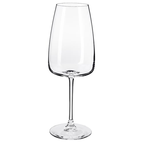 Clear crystalline wine glass with long stem and wide bowl, designed for enhanced aroma and taste experience.