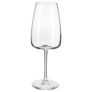 Clear crystalline wine glass with long stem and wide bowl, designed for enhanced aroma and taste experience.