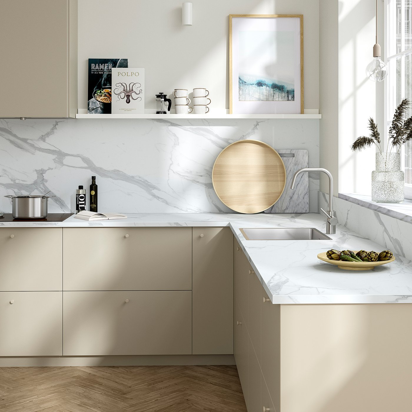 EKBACKEN countertop, white marble effect/laminate, 98x11/8