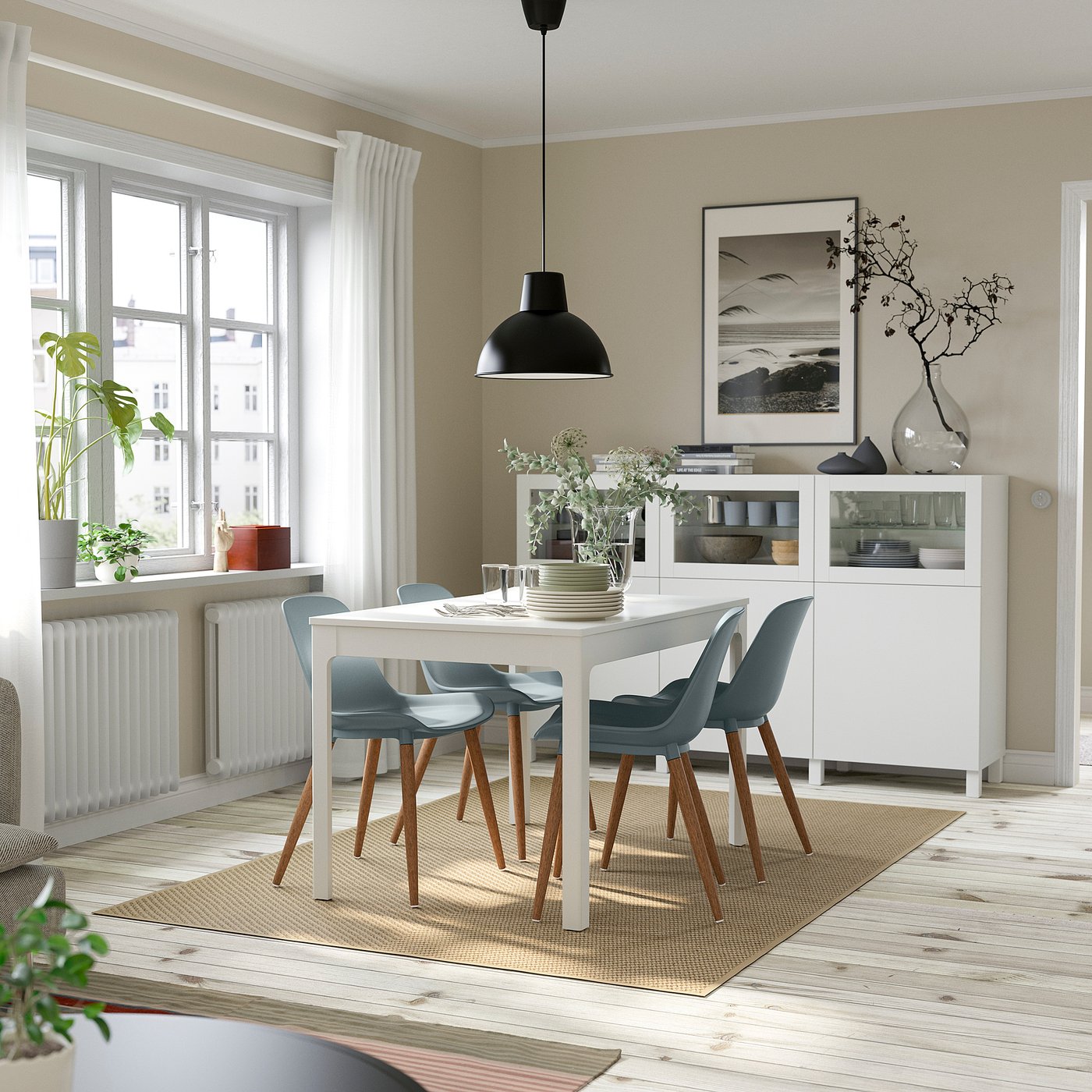 EKEDALEN / GRÖNSTA table and 4 chairs, white/gray-turquoise, 471/4