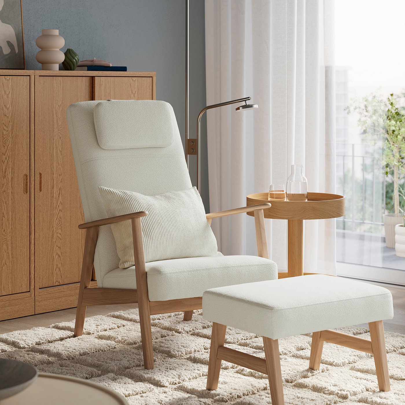 EKENÄSET high-back armchair and footstool, oak effect/Axvall off