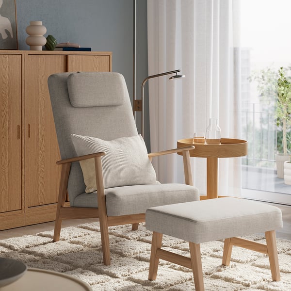 EKENÄSET High back armchair, oak effect/Kilanda light beige