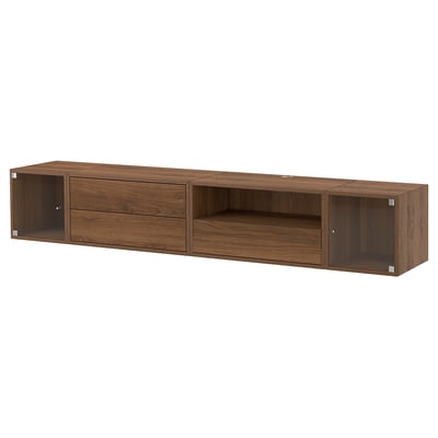 EKET Media storage combination, brown walnut effect/clear glass, 82 5/8x13 3/4x13 3/4 "
