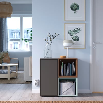 EKET Storage combination with feet, dark gray/walnut effect light gray-blue, 27 1/2x13 3/4x28 3/8 "