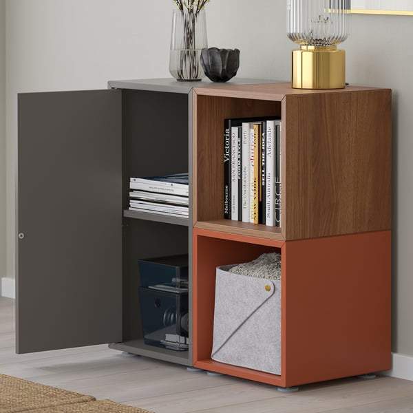 EKET storage combination with feet, dark gray/walnut effect redbrown