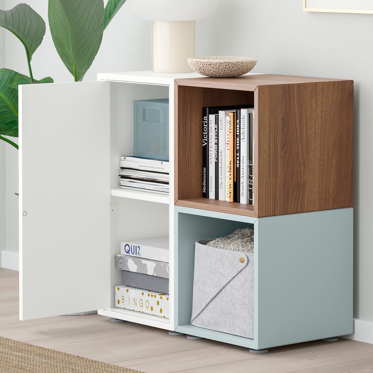 EKET storage combination with feet, white/walnut effect light grayblue