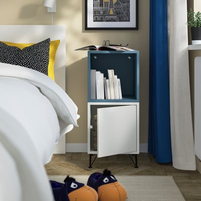EKET Storage combination with legs, white dark gray-blue/metal black, 13 3/4x13 3/4x31 1/2 "