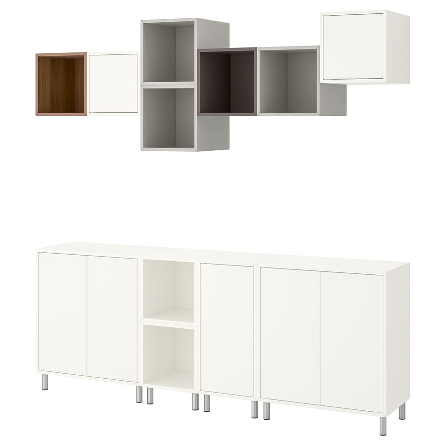 EKET Storage combination with legs, white/light gray dark gray/walnut