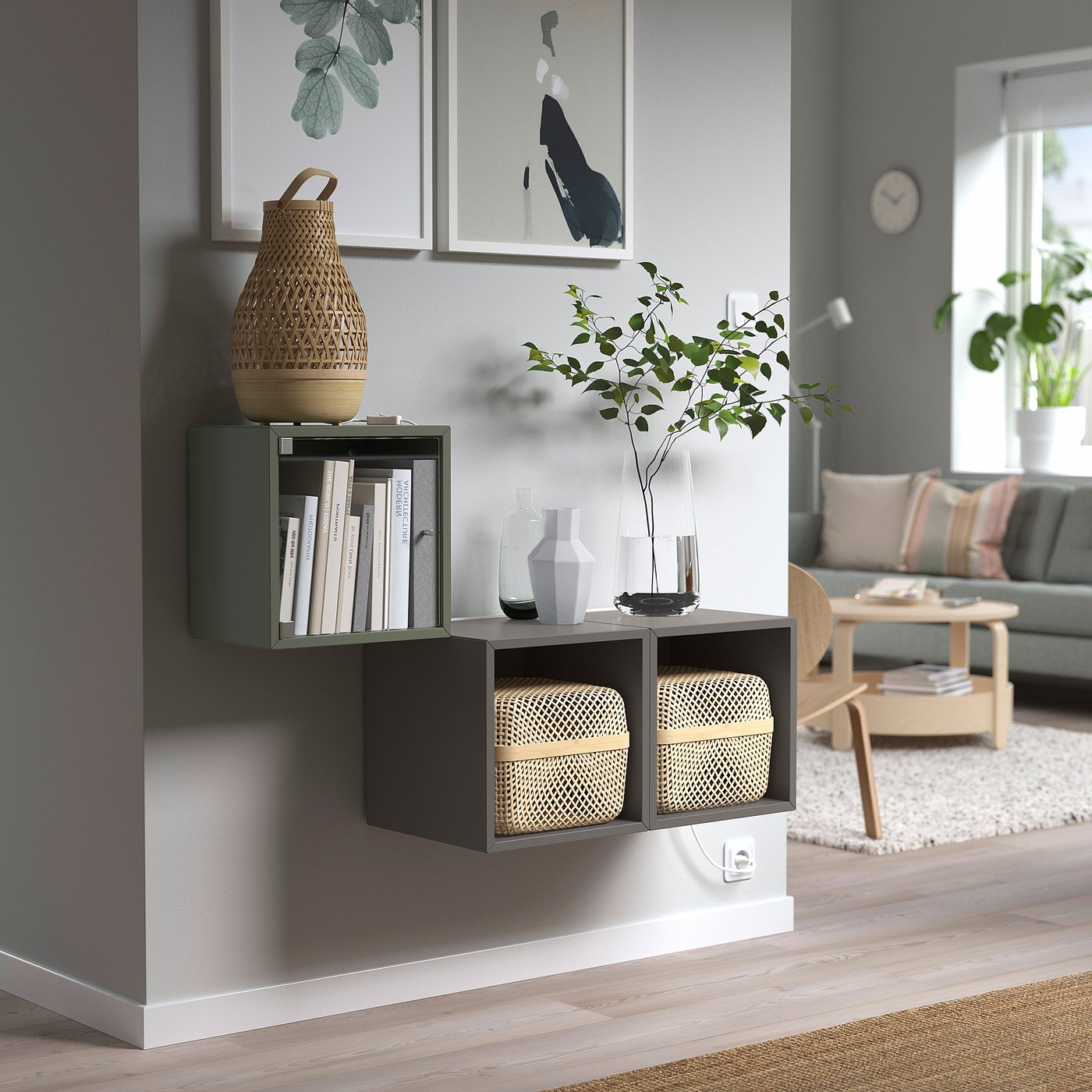 EKET wall cabinet with glass door, gray-green, 133/4x97/8x133/4