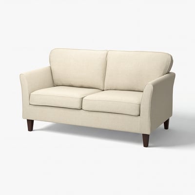 EKHOLMA sofa, cream, linen-like fabric, rolled arms, tapered legs, elegant design.