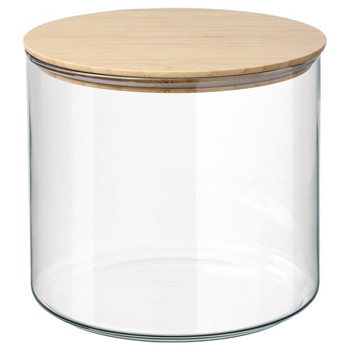 Glass jar with bamboo lid, airtight seal.