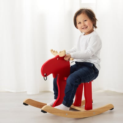 EKORRE Rocking moose, red/rubberwood
