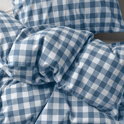 EKTANDVINGE Duvet cover and pillowcase(s), dark blue white/check, Full/Queen (Double/Queen)