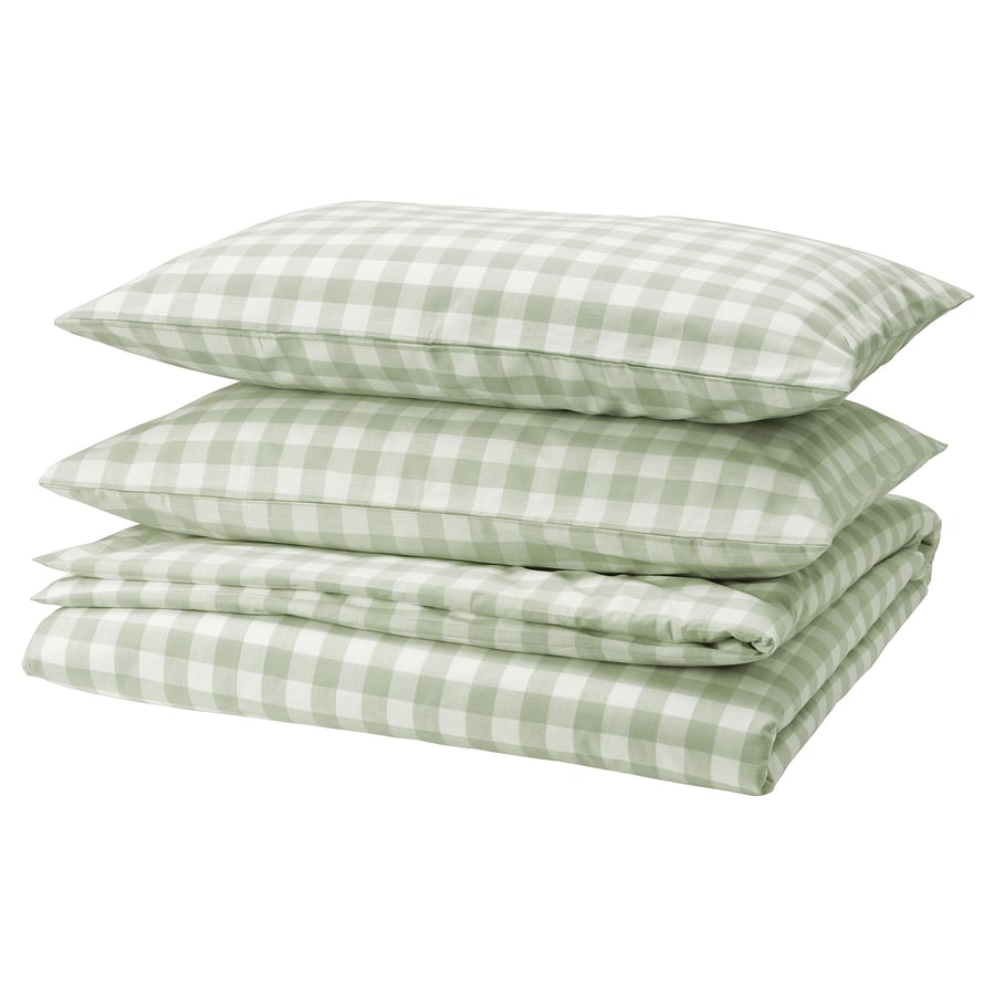 EKTANDVINGE Duvet cover and pillowcase(s), pale gray-green white/check, Full/Queen (Double/Queen)