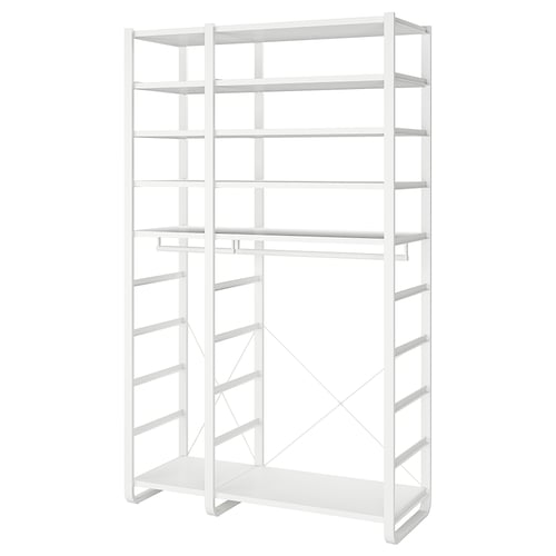 This is an a white ELVARLI storage unit featuring multiple adjustable shelves and a clothes rail, designed for versatile and customizable storage.