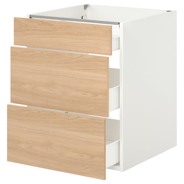 ENHET Base cabinet with 3 drawers, white/oak effect, 24x24 3/4x30 "