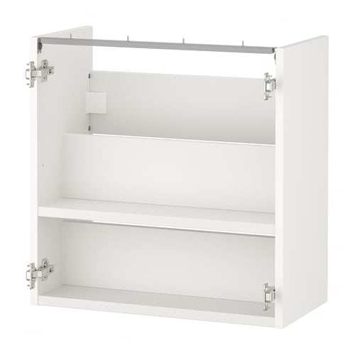 Ikea ENHET white wall cabinet; three open shelves, metallic hinges, rectangular.