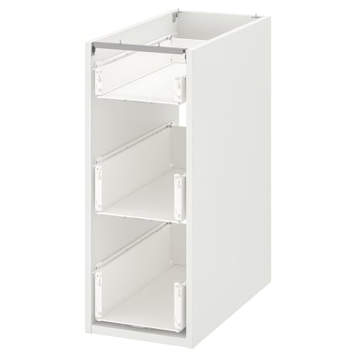 An IKEA ENHET white kitchen cabinet with three drawers, designed for organised storage of utensils and pans.