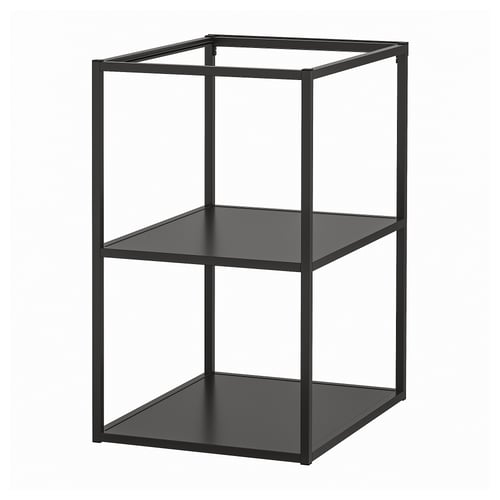 Black metal shelf unit, two tiers, minimalist design.