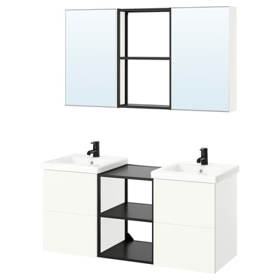 An ENHET white double vanity set with two sinks, black fixtures, and a mirrored cabinet, offering organised and symmetrical storage for shared spaces.