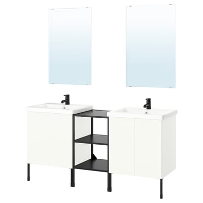 A modern white bathroom vanity set, featuring double basins with black accents. It includes mirrors and a black metal shelf between the units.