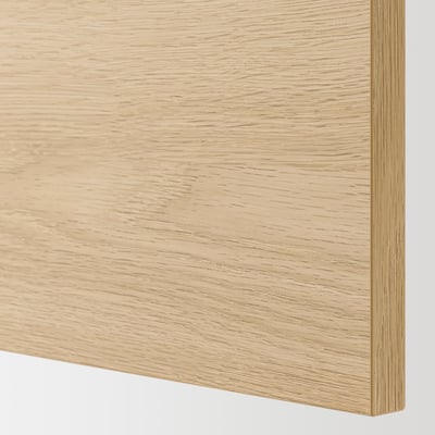 Close-up of smooth, light oak-finished wooden panel, showcasing quality texture and natural wood grain.