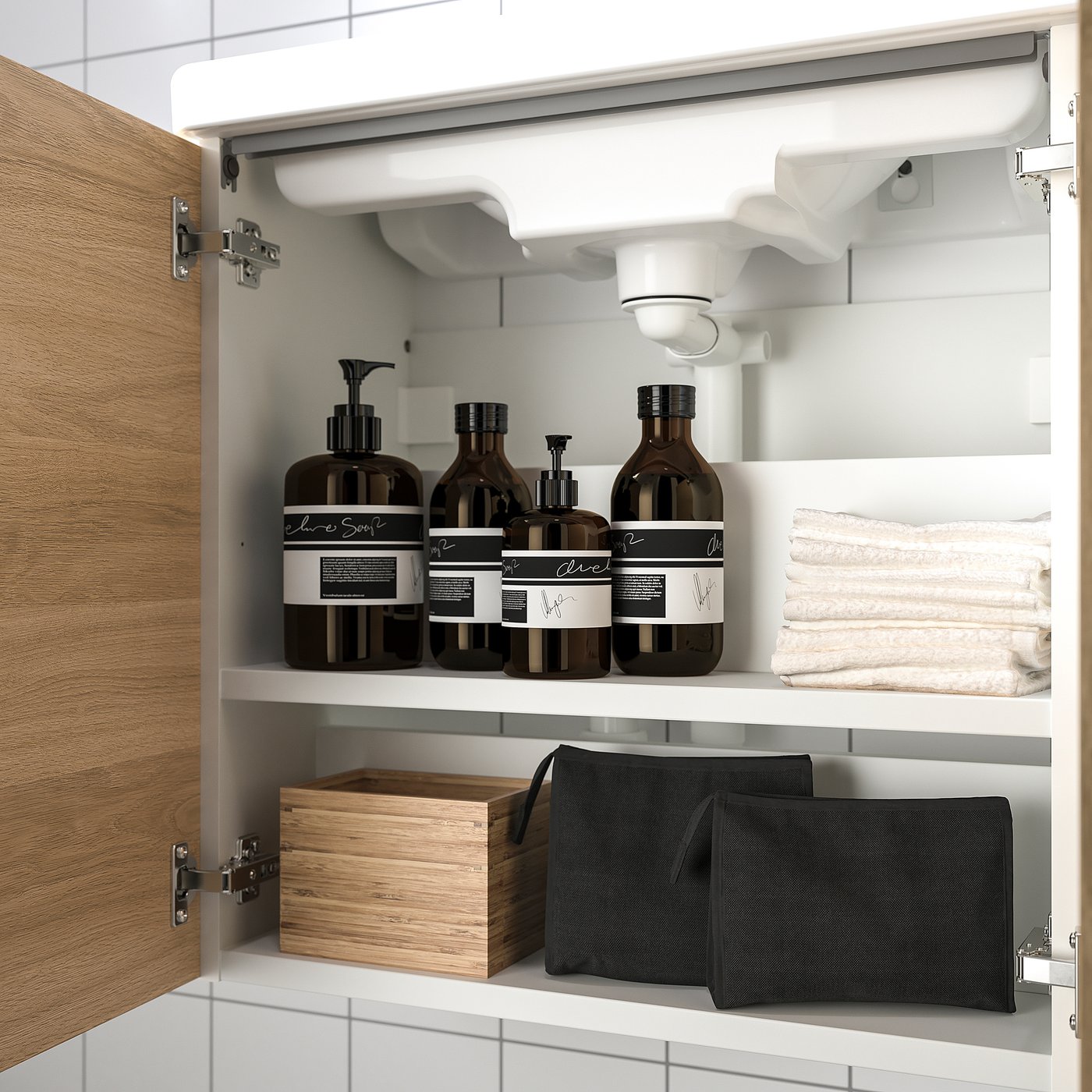 Bathroom vanity with 2 doors, white/oak effect 3