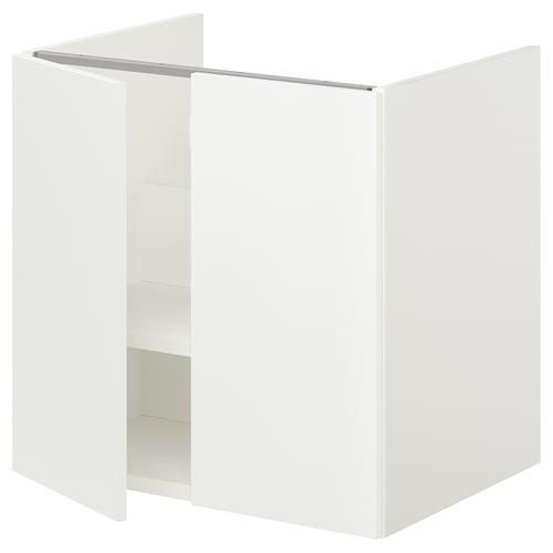 ENHET white bathroom cabinet, rectangular, three doors, modern design, particleboard and plastic.
