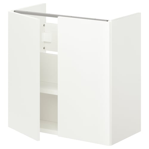 White ENHET bathroom cabinet with two doors open, revealing internal shelves. Modern, clean design for storage.