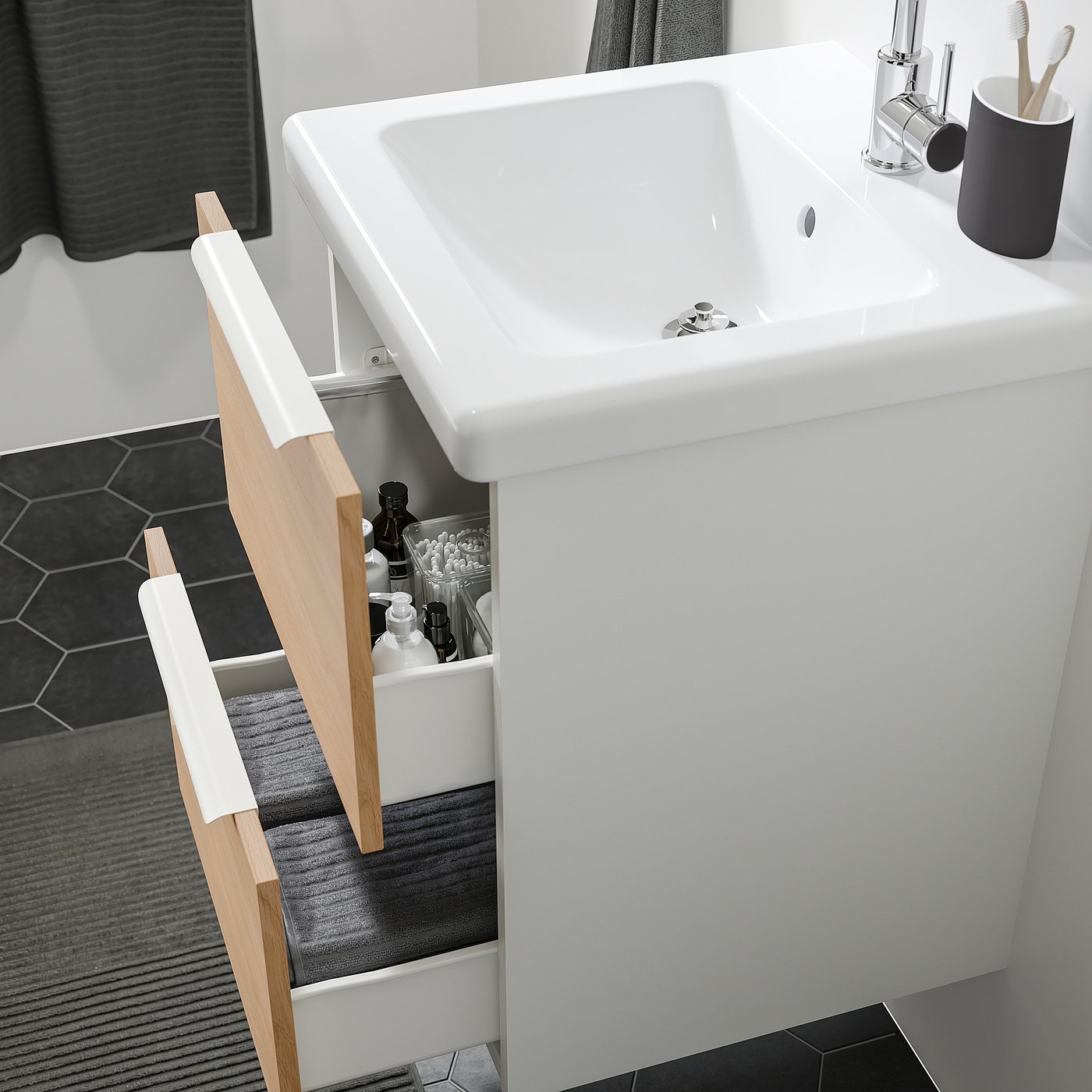 Bathroom vanity with 2 drawers, white/oak effect 3