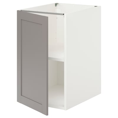 White ENHET base cabinet with grey door open, rectangular shape, simple design.