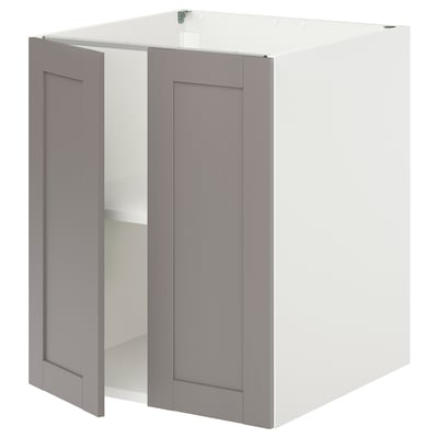 Ikea ENHET: white & grey kitchen cabinet with grey framed doors, rectangular shape, 2 doors, 1 shelf.