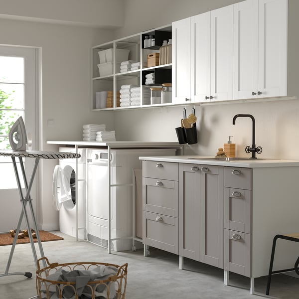 ENHET Laundry, white/white frame gray frame, 132 1/2x34x84 1/2 "