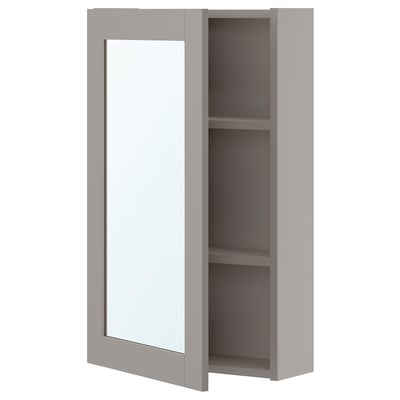 ENHET: grey, wall-mounted cabinet with mirror door and two shelves, modern design, compact size.