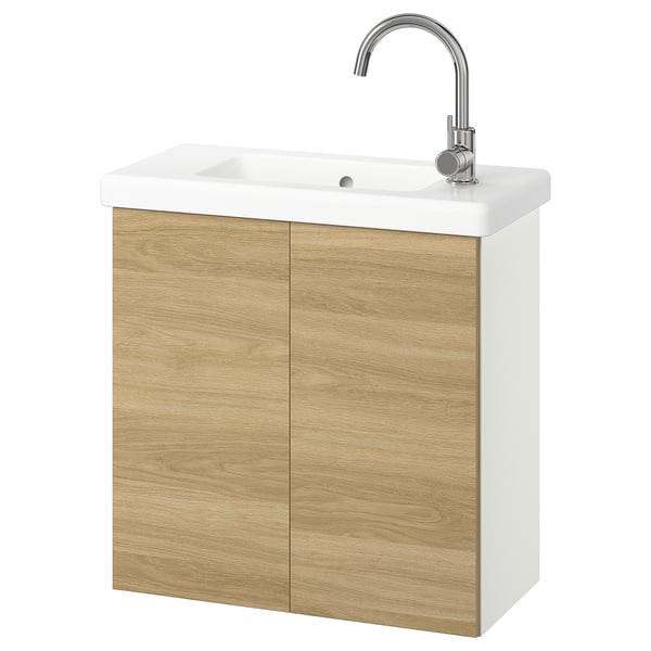 ENHET / TVÄLLEN Bathroom vanity w doors/sink/faucet, white/oak effect, 25 1/2x13 1/8x26 "