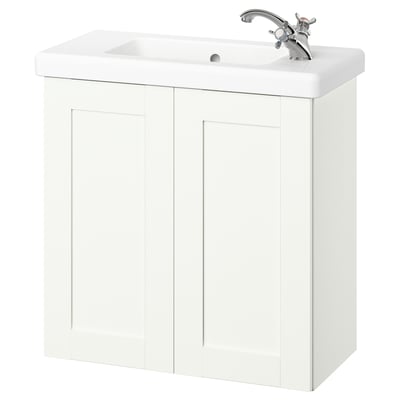 White ENHET bathroom cabinet with sink, chrome mixer tap, wooden doors.