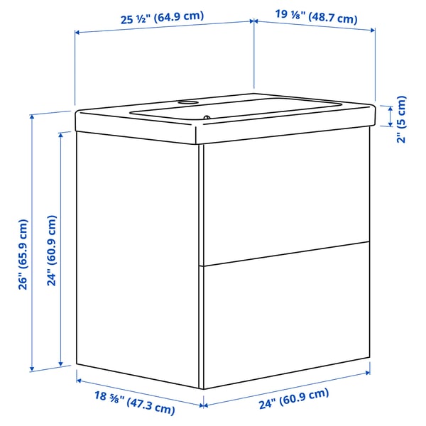 ENHET / TVÄLLEN Bathroom vanity w/ drawers and sink, white, 25 1/2x19 1/8x26 "