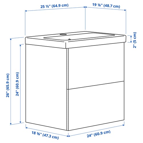 ENHET / TVÄLLEN Bathroom vanity w/ drawers and sink, white, 25 1/2x19 1/8x26 "