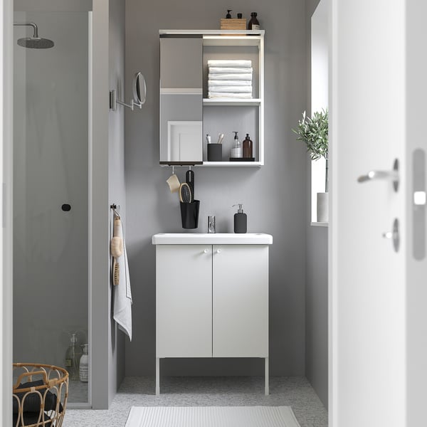 ENHET / TVÄLLEN Bathroom vanity with doors and sink, white, 25 1/2x19 1/8x26 "