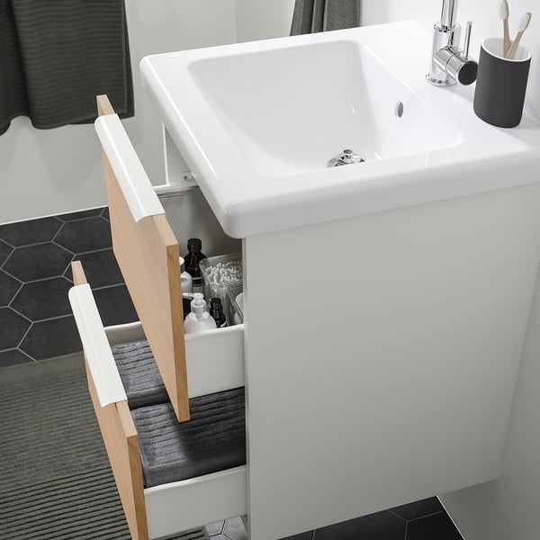 ENHET / TVÄLLEN Bathroom vanity with sink & faucet, white/oak effect, 19 5/8x19 1/8x26 "