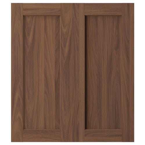 ENKÖPING brown wooden cabinet doors. Classic framed design with walnut grain. Perfect for kitchen or storage.