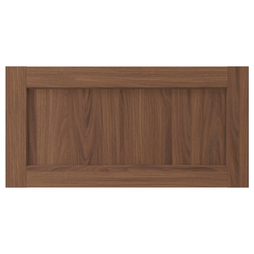 Brown walnut ENKÖPING cabinet door, framed with woodgrain foil for durability and easy cleaning.