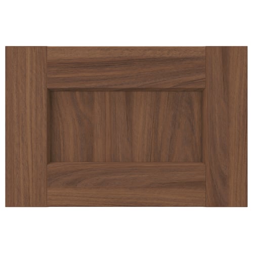 Wooden cabinet door in brown walnut with subtle grain pattern. Square shape and minimalist design.