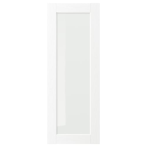 A white ENKÖPING cabinet door with a frame and clear glass panel in the centre, featuring a sleek and minimalist design.