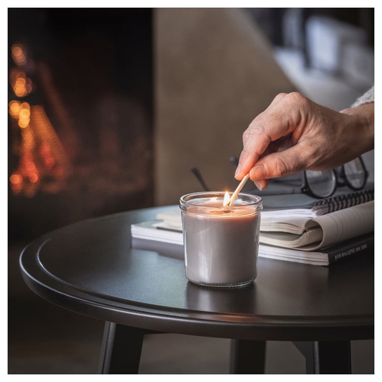 ENSTAKA scented candle in glass, Bonfire/gray, 20 hr IKEA