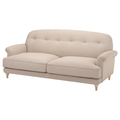 ESSEBODA beige sofa, soft and inviting, classic design with rolled arms, tufted back, and light wood legs.
