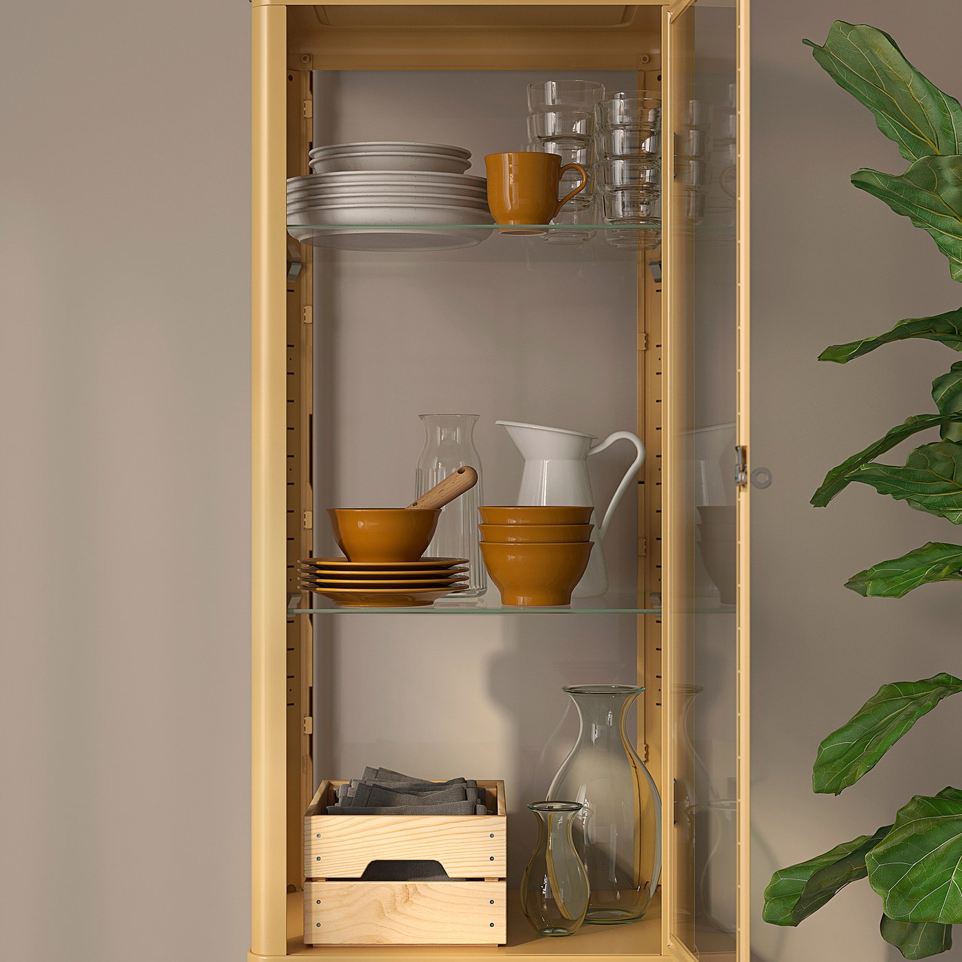 FABRIKÖR glass-door cabinet, dark yellow, 221/2x59